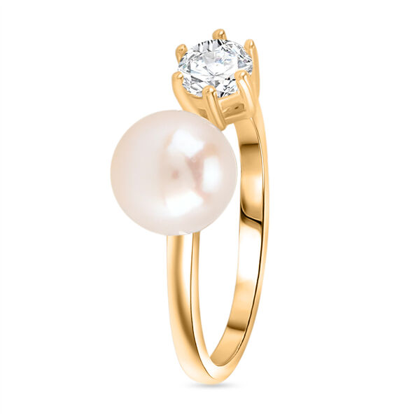 Wei&szlig;e S&uuml;&szlig;wasser Perle, Wei&szlig;er Zirkonia Ring Nickelfreies Messing, Goldfarben, Flexibles (Gr&ouml;&szlig;e 16.00-18.00) image number 4