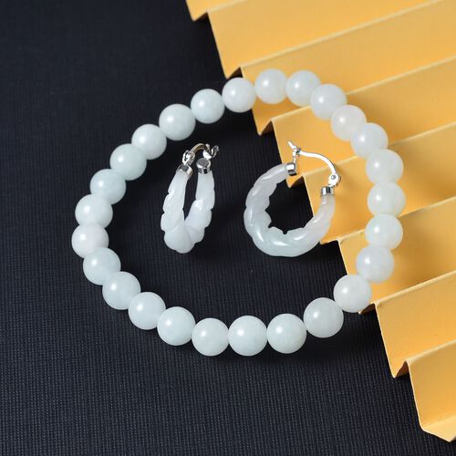 2er Set - Weiße Jade Armband und Ohrringe Schmuckset, 925 Silber rhodiniert, ca. 129.00 ct image number 1