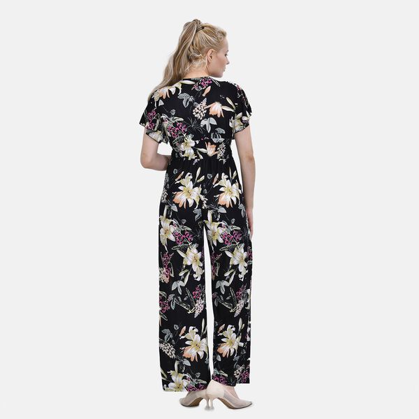 Jumpsuit mit gesmokter Taille und Flatterärmel, schwarz, Blumenmuster image number 7