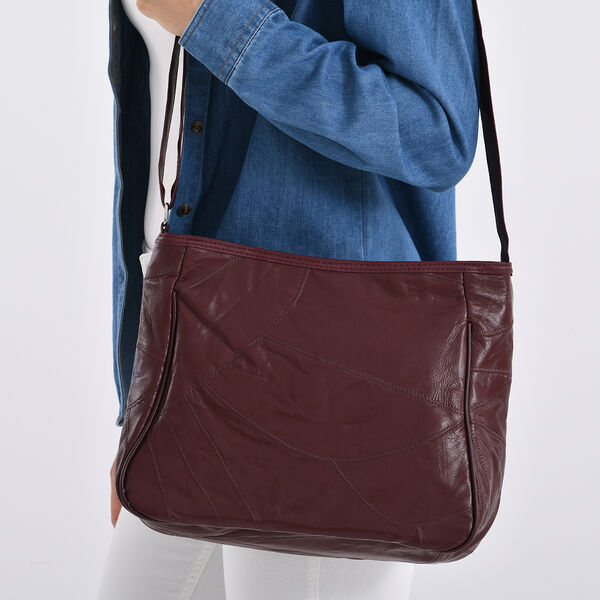 Umhängetasche aus Leder, Patchwork-Design, 31×11×27cm, Burgund image number 3