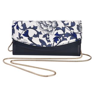 Seidenbrokat Clutch-Tasche aus echtem Leder mit RFID Schutz, 19.5x9.5x3cm, Creme