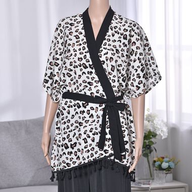 Superweiche Kimono mir Gürtel, Größe: 86 x 69, Leopardmuster, Weiß
