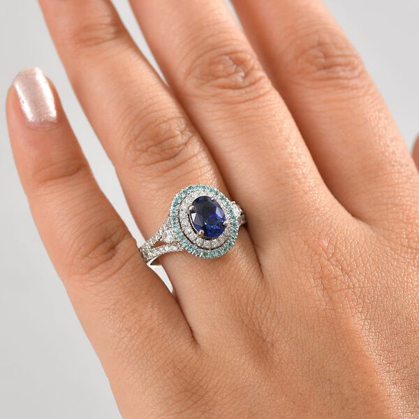 RHAPSODY zertifiziert und geprüft AAAA ceylonfarbener blauer Saphir, Paraiba Turmalin und VS Diamant Ring in 950 Platin - 3 ct. image number 2