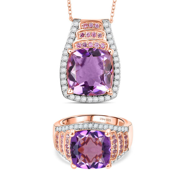 Djoy AA Rose De France Amethyst, Moissanit und rosa Saphir Ring und Anh&auml;nger mit 50cm Kette