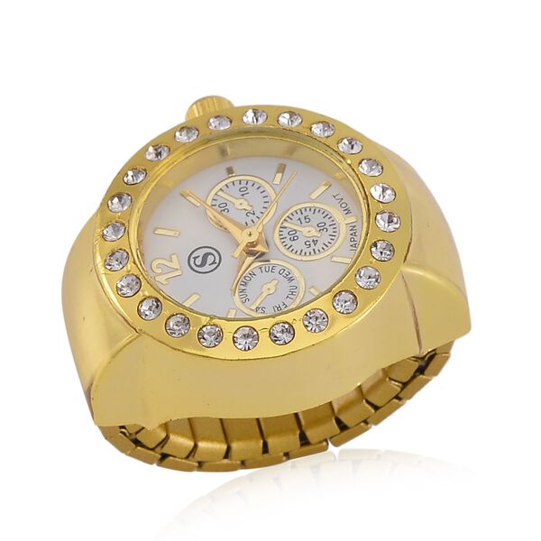 STRADA - Eleganz Wei&szlig;er Kristall Flexibler Ringuhr, japanischem PC21S Uhrwerk, multifunktionalem Zifferblatt, Reiner Edelstahl, goldfarben, 0,01 ct.