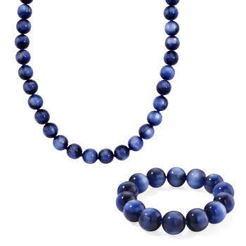 Simuliertes flexibles blaues Katzenauge Armband und 45+5cm Halskette