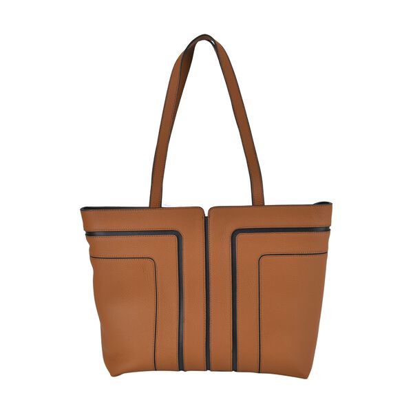 lifestyle-Color:Brown with black size/Profile: Tote bag:wall(exterior);Genuine Leather. Lining(interior):polyester  Pockets(exterior):zipped-1;(interior):Zipped-2 slip-1.Measurement(cm):  L:32*W12*H28cm.Hand strap 27cm Closure Type:zipped.zipped type: Met image number 0