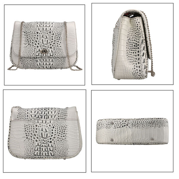 Umh&auml;ngetasche aus echtem Leder mit Kroko-Pr&auml;gung und Kettenriemen, Beige image number 5