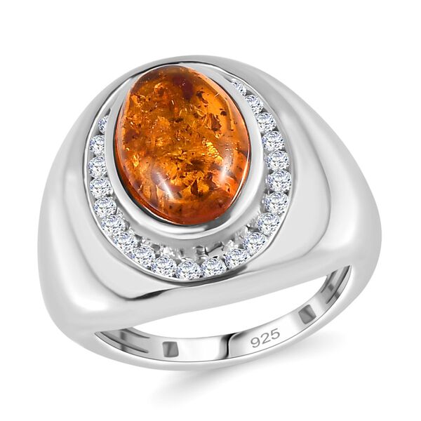 Natürlicher baltischer Bernstein, Weißer Zirkon Ring 925 Silber rhodiniert (Größe 17.00) ca. 1.71 ct image number 4