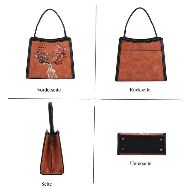 "PU Embroidered crossbody bag Color: Orange Size:  25*11*21cm   Wall: PU Lining: Polyester Exterior:zipped-1,pocket-1 Interior: zipped-2,slid-1 Long Shoulder strap:130cm " image number 5