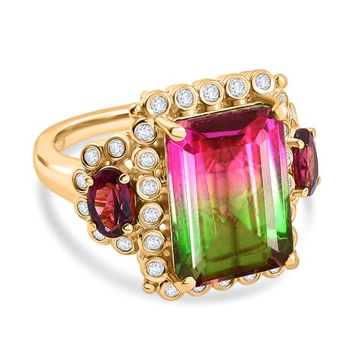 Regal Bloom - D joy Wassermelonen Quarz Triplette, Rhodolith Granat Ring 925 Silber 750 Gelbgold Vermeil (Größe 19.00) ca. 9.66 ct image number 0