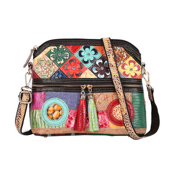 Chaos by Elsie Echte Leder Umh&auml;ngetasche mit Quaste und RFID-Schutz, Multicolor Krokodil-Pr&auml;gung mit gl&auml;nzendem Blumenmuster, Gr&ouml;&szlig;e 25x10x22 cm