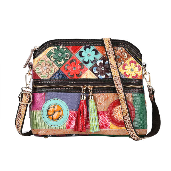 Chaos by Elsie- Echtleder Crossbody Bag mit RFID-Schutz und Kroko-Pr&auml;gung, Blumenmuster