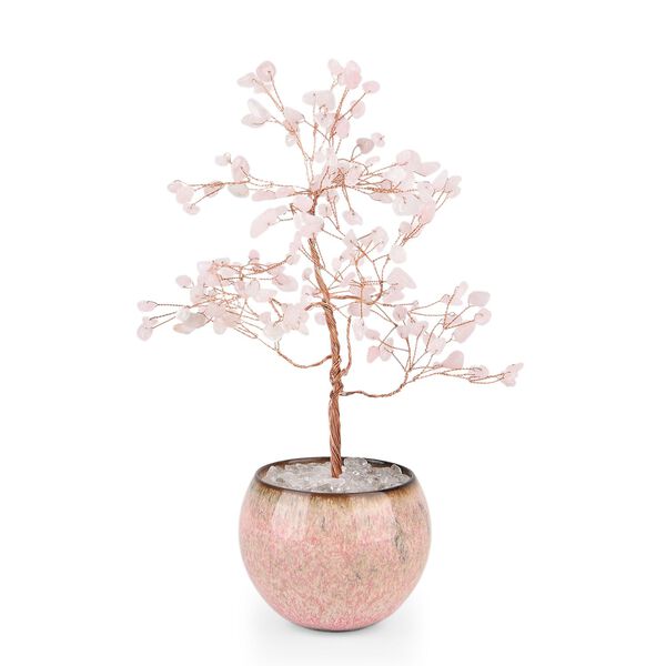 LIVMORE Edelsteinbaum mit 168 Rosenquarz Perlen Keramikschale ca. 18 cm Rosa