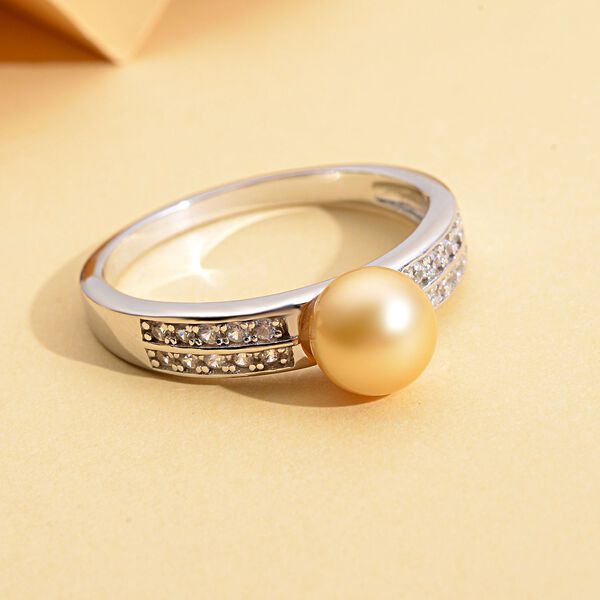 Goldener S&uuml;dseeperlen und wei&szlig;er Zirkon-Ring, , 925 Silber rhodiniert image number 2