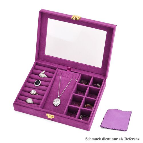 Samt Schmuckbox mit 5 Silberputztüchern, 8 Ringfächer, 8 kleine Fächer, herausnehmbares Kettentablett, Sichtfenster, Metallschloss, 20x15x5?cm, Fuchsia image number 0