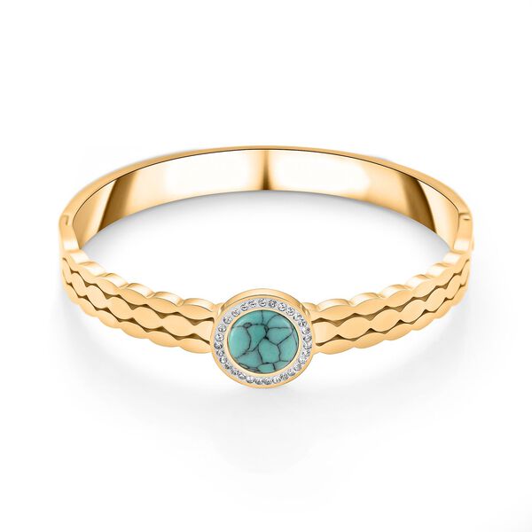 Gr&uuml;ner Howlit, Wei&szlig;er Kristall Armreif ca. 19 cm 316L Edelstahl, vegoldet