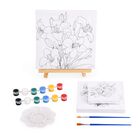 Leinwand-Malset - 3-teiliges Set mit Rosen-, Gänseblümchen- und Lilienmotiv, inklusive Farben, Mischpalette und Pinseln