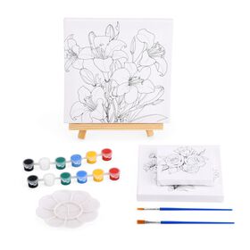 Leinwand-Malset - 3-teiliges Set mit Rosen-, Gänseblümchen- und Lilienmotiv, inklusive Farben, Mischpalette und Pinseln Leinwand-Malset - 3-teiliges Set mit Rosen-, Gänseblümchen- und Lilienmotiv, inklusive Farben, Mischpalette und Pinseln