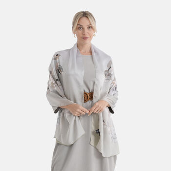 LA MAREY Signature Set mit Seidenschal und Seidentropfen-Ohrringen, 100% Maulbeerseide, 65 x 170 cm, Perlgrau mit Beige