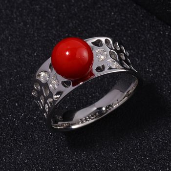 Rote Muschelkernperle, Moissanit Ring 925 Silber platiniert (Gr&ouml;&szlig;e 17.00)