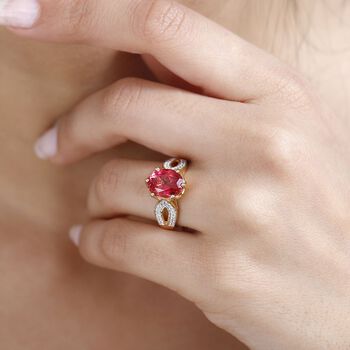 Lab Created Padparadscha-Saphir, Wei&szlig;er Zirkon Ring, 925 Silber Gelbgold Vermeil (Gr&ouml;&szlig;e 21.00) ca. 4.24 ct