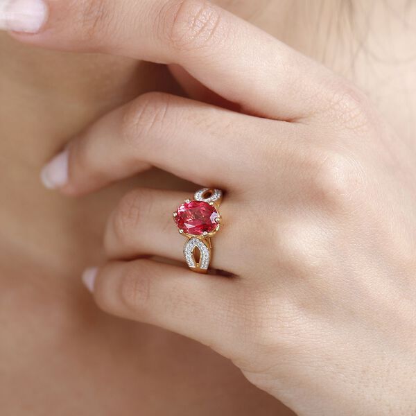 Lab Created Padparadscha-Saphir, Wei&szlig;er Zirkon Ring, 925 Silber Gelbgold Vermeil (Gr&ouml;&szlig;e 21.00) ca. 4.24 ct image number 3