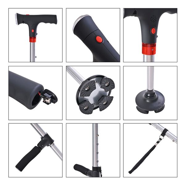 Klappbarer Smart-Walking-Stick mit drehbarem LED-Frontlicht und SOS-Alarm, Silber image number 6