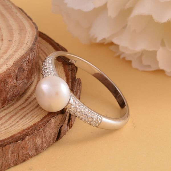 Wei&szlig;e S&uuml;&szlig;wasserzuchtperle, Wei&szlig;er Zirkon Ring 925 Silber rhodiniert (Gr&ouml;&szlig;e 16.00) ca. 0,39 ct image number 2