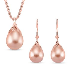 3er Set - Pfirsich Muschelperle Anhänger mit Kette und Ohrringe, Messing und Edelstahl