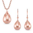 3er Set - Pfirsich Muschelperle Anhänger mit Kette und Ohrringe, Messing und Edelstahl