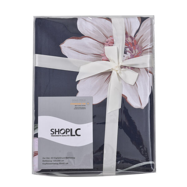 2er-Set, 3D Digitaldruck Bettbezug und Kissenbezug, Größe 135x200 cm und 80x80 cm, Blumenmuster, Dunkelblau image number 5