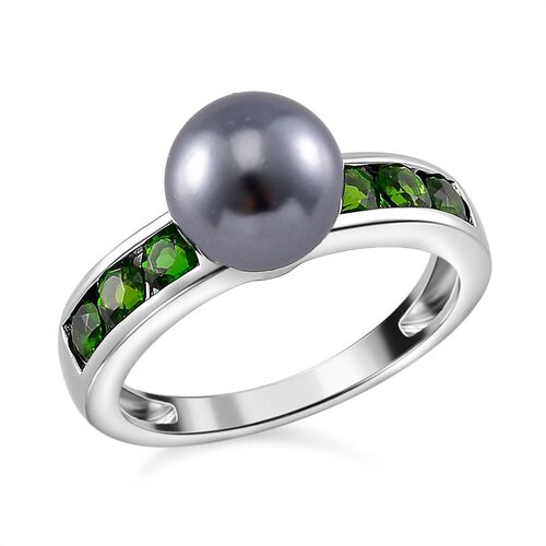 Tahiti Muschelkernperle, Natürlicher Chromdiopsid Ring 925 Silber platiniert (Größe 18.00) image number 0