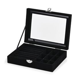 Elegante Schmuckbox aus edlem Samt mit Glasdeckel, 20x15x5 cm, Tiefschwarz