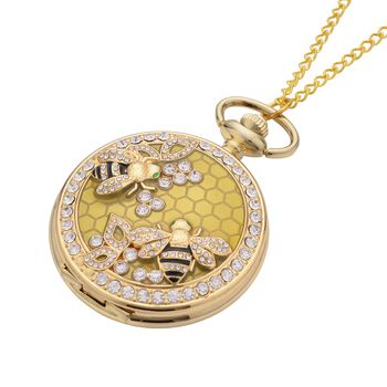 STRADA wei&szlig;e Kristall Taschenuhr mit 79cm Kette im Bienenstock-Design, Japanisches Uhrwerk