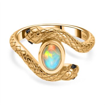 AA Nat&uuml;rlicher, &auml;thiopischer Welo Opal, Schwarzer Spinell Ring 925 Silber 750 Gelbgold Vermeil (Gr&ouml;&szlig;e 17.00) ca. 0,68 ct