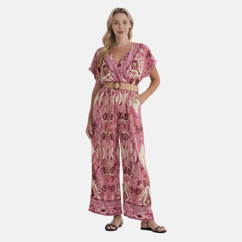LA MAREY Jumpsuit mit G&uuml;rtel, 136cm L&auml;nge, 65cm Brust, 32cm Taille, Pink Rot mit Print