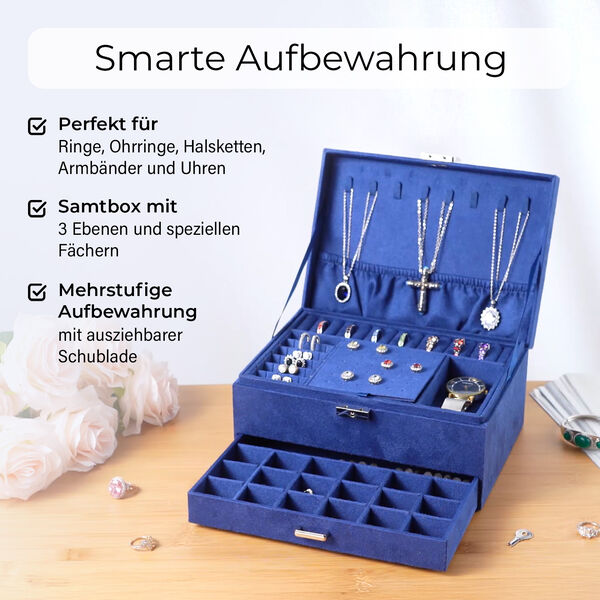 3-schichtige Schmuckbox aus Samt mit 5 Silberputztüchern in Dunkelblau, 24,5x17x11,5cm image number 3