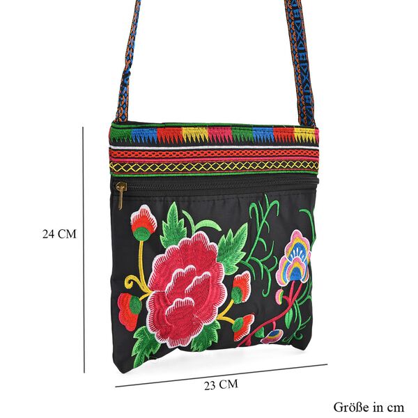 Blumen Stickerei Umh&auml;ngetasche, verstellbarer Riemen, 23 x 24 cm, Pink Gr&uuml;n image number 8