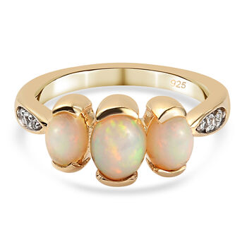 Nat&uuml;rlicher &Auml;thiopischer Opal und Zirkon 3 Stein Ring 925 Silber vergoldet  ca. 1,21 ct