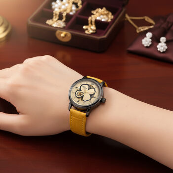 GENOA Automatikuhr mit Automatikwerk, Zifferblatt mit Blumenmuster und Moissaniten, gelbes Lederarmband, 36mm