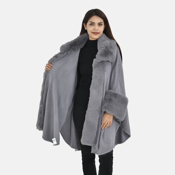 LA MAREY langer Mantel mit Kunstfellrand, Grau image number 4