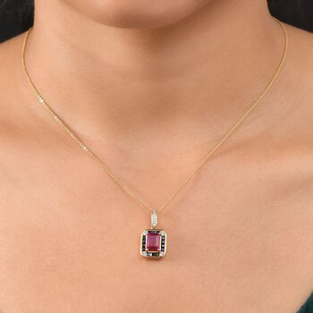 D'joy AA Afrikanischer Rubin (Fissure gef&uuml;llt), Blauer Saphir Anh&auml;nger mit Kette (ca. 50 cm), 925 Silber 750 Gelbgold Vermeil ca. 3,25 ct.