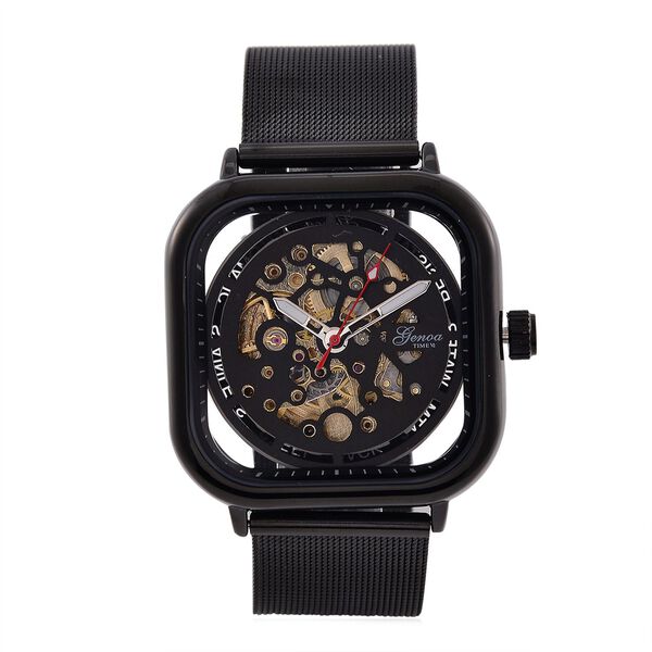 GENOA TIME V2 42mm Automatische Mechanikuhr - Schwarzes hohles Zifferblatt, Gehäuse aus Legierung mit IPS-Beschichtung, Edelstahl-Mesh-Armband, 3 ATM wasserdicht, 8.5 cm, schwarz image number 0