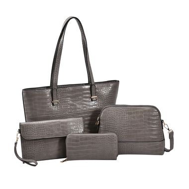 Passage - 4er-Set Handtaschen mit Krokodilprägung; enthält Tote Bag, Cross Body Bag, Clutch Bag und Portemonnaie, Grau