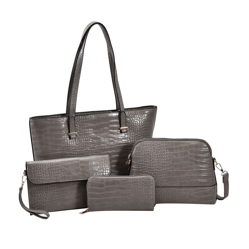 Passage - 4er-Set Handtaschen mit Krokodilprägung; enthält Tote Bag, Cross Body Bag, Clutch Bag und Portemonnaie, Grau image number 0