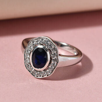 Masoala Saphir und Zirkon Halo Ring, 925 Silber platiniert, 1,71 ct.