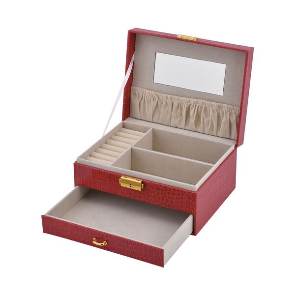 2-lagige Schmuckschatulle mit Kroko-Pr&auml;gung und Schloss mit Schl&uuml;ssel, Rot image number 5