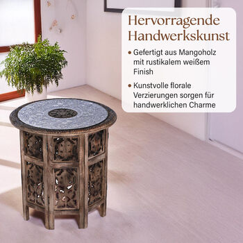 NAKKASHI handgeschnitzter klappbarer Tisch aus Mangoholz mit handgepr&auml;gter Aluminiumplatte, 53x53x53 cm, natur