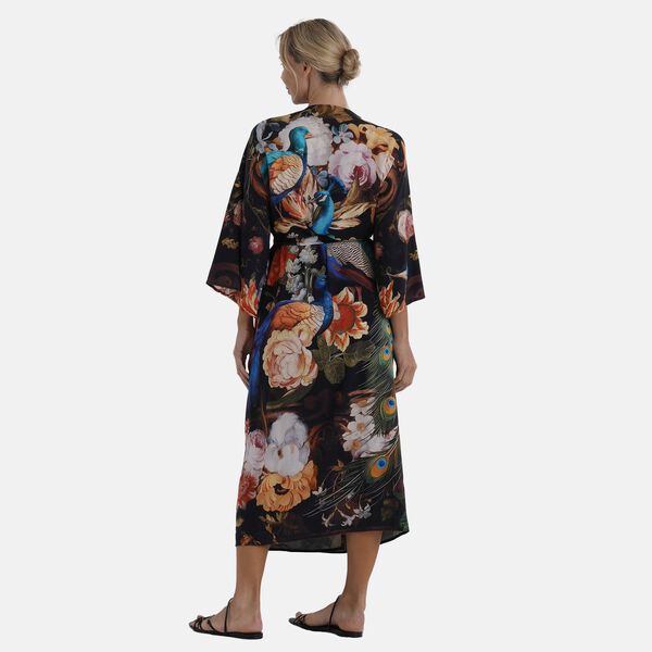 LA MAREY Kimono mit Pfauenprint 100% Viskose Einheitsgr&ouml;&szlig;e 128 cm L&auml;nge, Schwarz image number 4